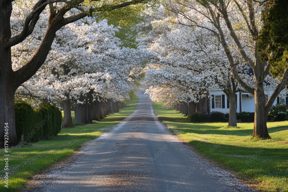 Residential street framed by cherry blossom trees in full bloom Residential street framed by cherry blossom trees in full bloom