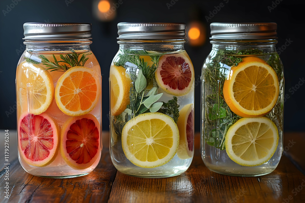 Three Mason Jars Filled with Infused Citrus Water and Rosemary Three Mason Jars Filled with Infused Citrus Water and Rosemary