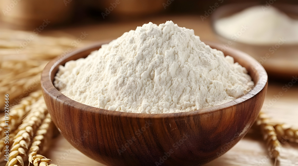 White Flour Piled High in a Wooden Bowl with Wheat Stalks Gently Placed Around White Flour Piled High in a Wooden Bowl with Wheat Stalks Gently Placed Around