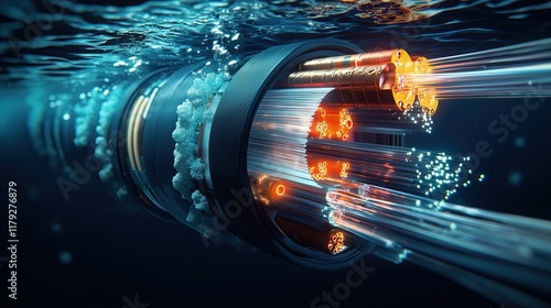 Extreme close-up of underwater internet cable cross-section, multiple layers exposed, copper and fiber optic cores photo