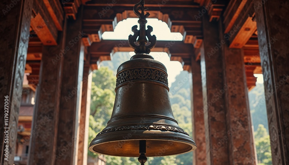 Fototapeta premium Classic bronze bell hanging in a temple setting surrounded by natural beauty