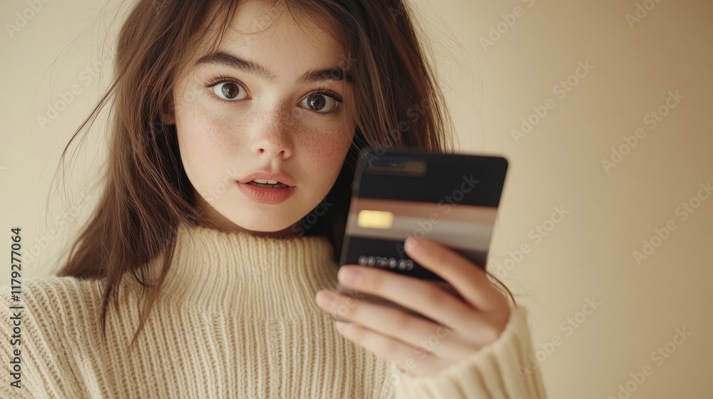 young woman frustrated expression, holding smartphone and credit card, cream ribbed sweater, straight brown hair, indoor lighting, home environment, genuine emotion, macro facial features, modern young woman frustrated expression, holding smartphone and credit card, cream ribbed sweater, straight brown hair, indoor lighting, home environment, genuine emotion, macro facial features, modern