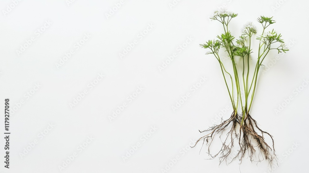 Obraz premium Water dropwort plant, roots and all, photographed on a white background with generous space for text or design elements.