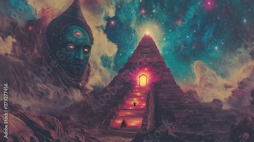 Mysterious Pyramid and Cosmic Figure in Vibrant Starry Sky with Captivating Colors and Ethereal Glow