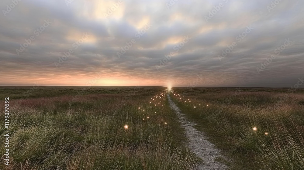 Enchanted Pathway in Serene Landscape at Dusk with Soft Lights Illuminating the Gravel Trail Ahead Enchanted Pathway in Serene Landscape at Dusk with Soft Lights Illuminating the Gravel Trail Ahead