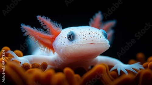 A distinctive white axolotl explores its thriving underwater habitat, embodying the fragile beauty that exists within the natural environment. photo