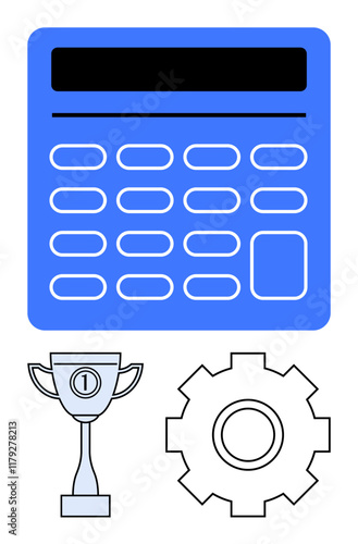 Blue calculator with buttons, trophy indicating achievement, and gear symbolizing productivity. Ideal for business, education, finance, innovation, analytics teamwork process optimization. Abstract