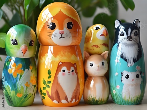 Bright and colorful nesting dolls with animal themes photo