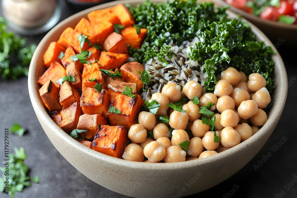 Vibrant and Wholesome Vegetarian Bowl with Roasted Sweet Potatoes, Chickpeas, Kale, and Wild Rice Vibrant and Wholesome Vegetarian Bowl with Roasted Sweet Potatoes, Chickpeas, Kale, and Wild Rice