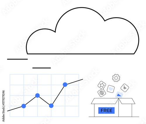 Cloud with a rising graph and icons emerging from a free box. Ideal for cloud storage, analytics, SaaS, software tools, tech growth, business analysis, abstract line flat metaphor