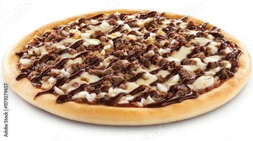 A BBQ beef-topped pizza with onions and melted cheese.