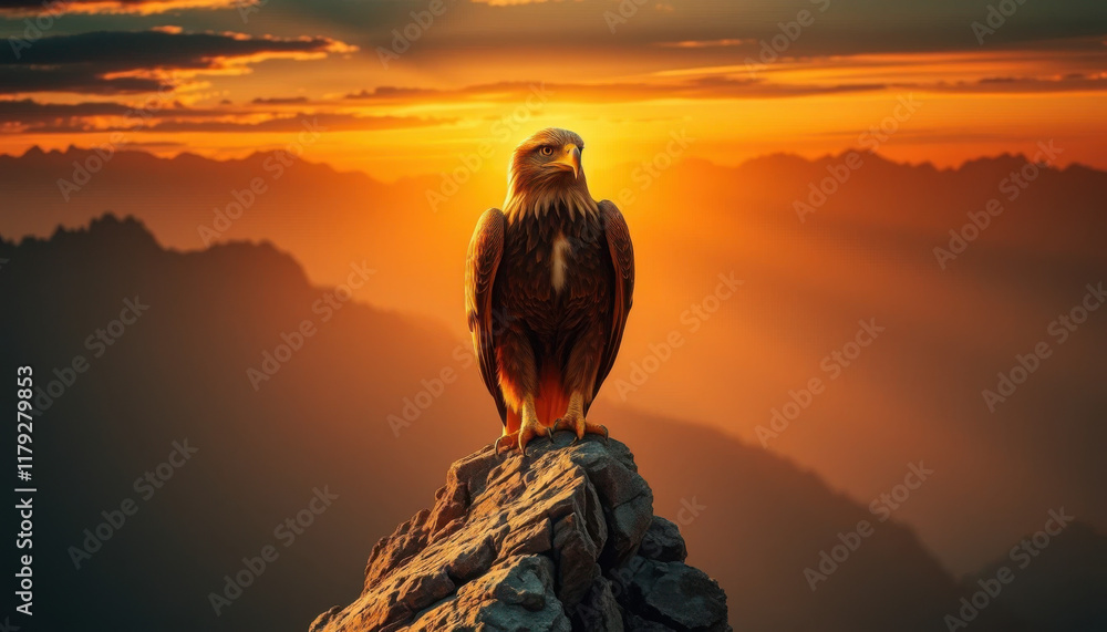 Eagle perched majestically on a rocky peak with breathtaking sunset in the background Eagle perched majestically on a rocky peak with breathtaking sunset in the background