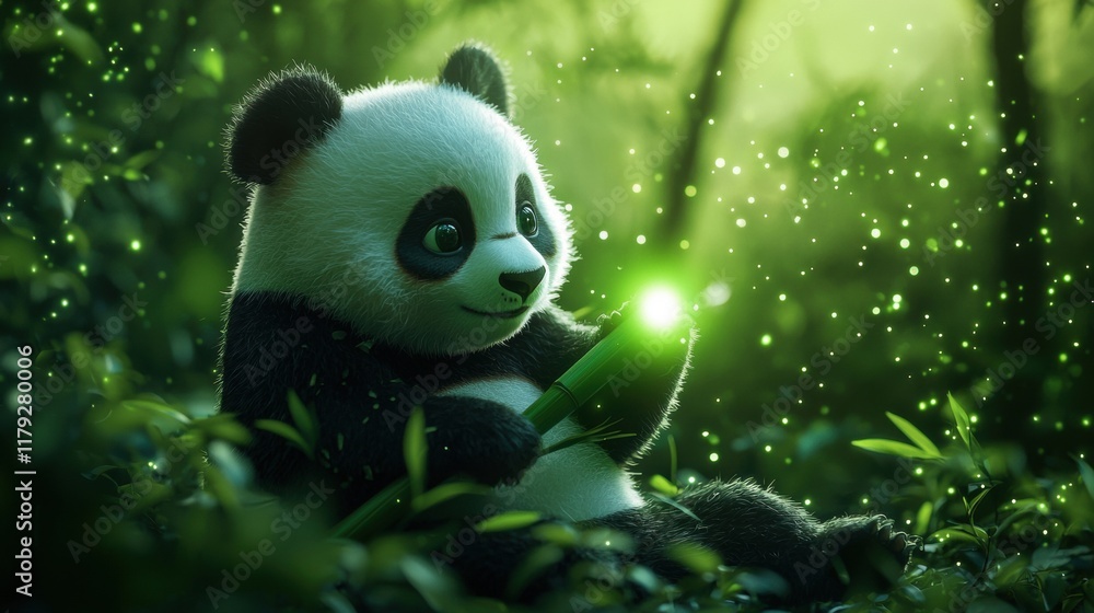 Fototapeta premium Playful panda cub surrounded by glowing greenery
