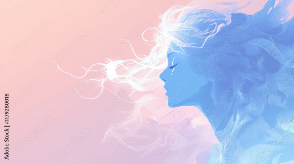 Ethereal Blue Woman with Flowing Hair Against Soft Pink Background Ethereal Blue Woman with Flowing Hair Against Soft Pink Background