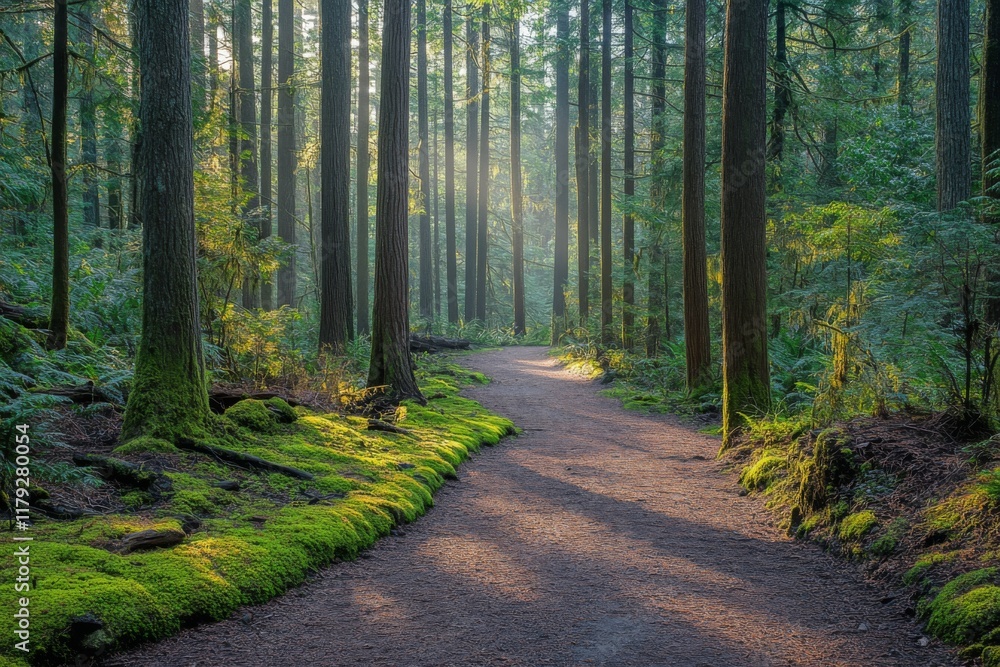 Obraz premium Lush forest path with sunlight streaming through dense foliage