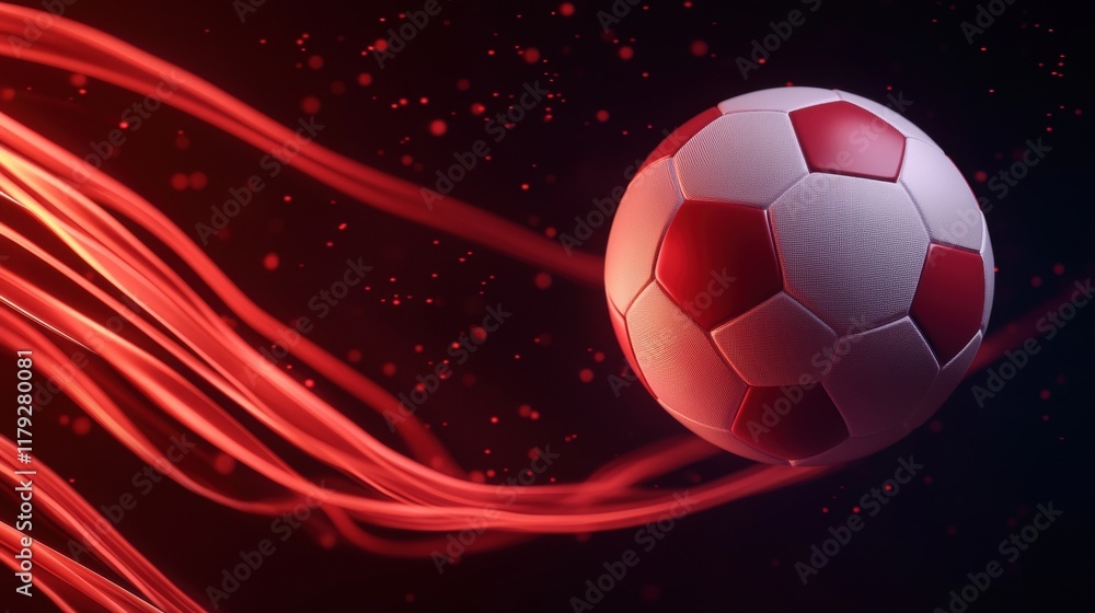 Fototapeta premium Dynamic soccer ball with flowing red trails in motion