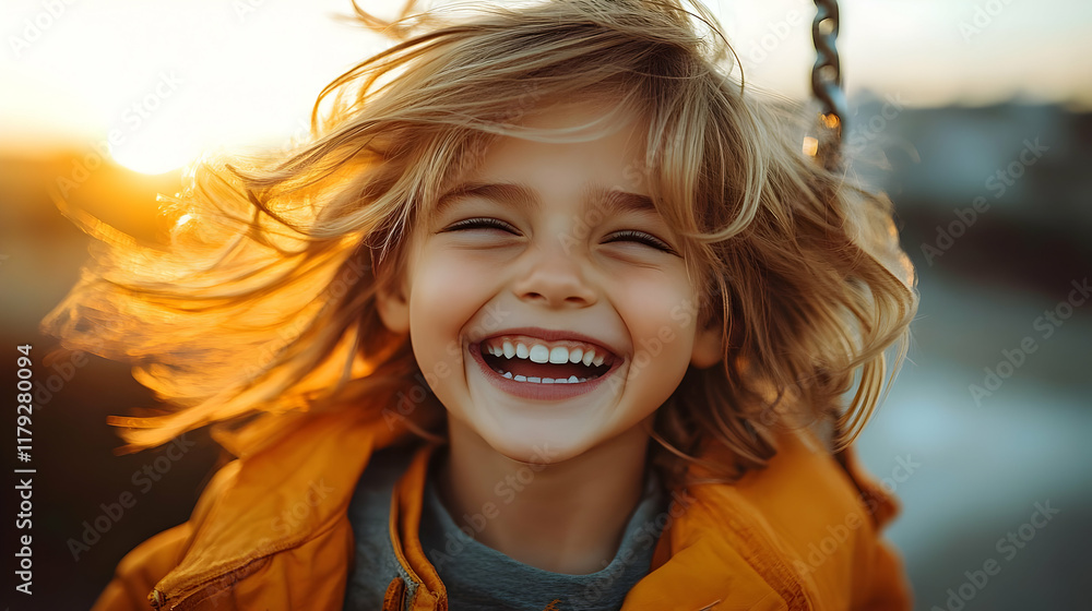 A Youngster Swings and Laughs Joyfully in the Golden Sunset Light with Windswept Hair A Youngster Swings and Laughs Joyfully in the Golden Sunset Light with Windswept Hair