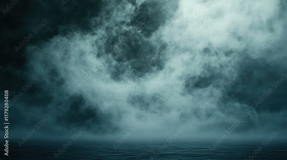 Dark teal fog over still water. Dark teal fog over still water.
