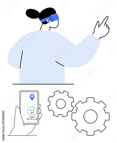 Person with VR headset pointing, smartphone displaying AR interface, two gears. Ideal for technology, virtual reality, augmented reality, innovation, user experience engineering future tech. Line
