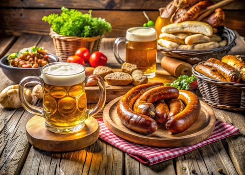 Doppelhaus Day 2 Food Photography: Delicious German Cuisine, Rustic Table Setting, Home-Cooked Meal, Bread, Sausage, Beer photo