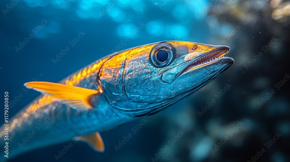 Fototapeta premium The barracuda glides effortlessly through the blue, its menacing teeth a stark reminder of the ocean's unseen dangers and marvels.