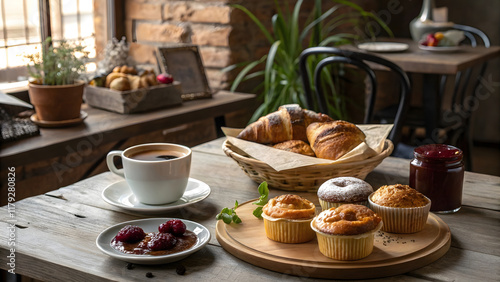 A delightful breakfast spread in a cozy café setting, featuring freshly baked pastries, croissants, and muffins arranged on a rustic wooden table