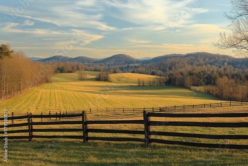 Wallpaper Mural Golden farmland with a wooden fence and hills at sunset Torontodigital.ca