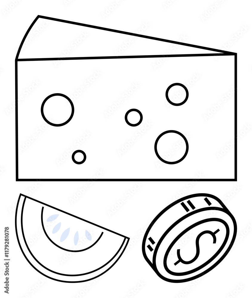 Cheese block with holes, a watermelon slice, and a coin with a dollar sign in bold black lines. Ideal for food-related content, financial themes, minimalism, childrens books, educational materials Cheese block with holes, a watermelon slice, and a coin with a dollar sign in bold black lines. Ideal for food-related content, financial themes, minimalism, childrens books, educational materials