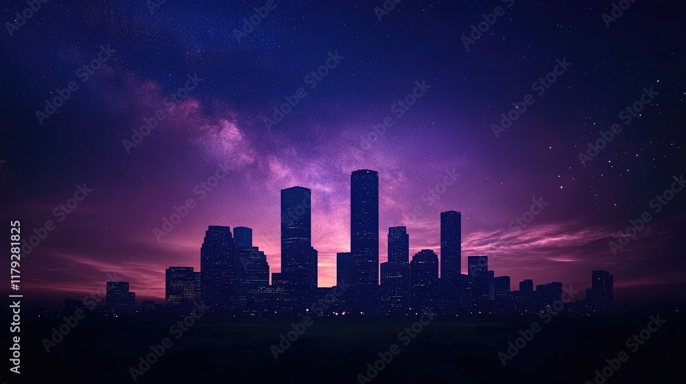 Fototapeta premium A city skyline silhouetted against a brilliant night sky with the Milky Way stretching across.