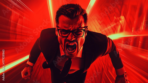 A middle aged businessman screams furiously from stress and crisis. Red modern creative corporate styled background in red tones.