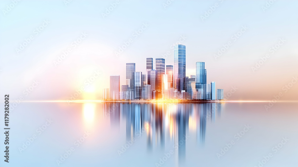 Fototapeta premium Picture of modern skyscrapers of a smart city, futuristic financial district with buildings and reflections , blue color background for corporate and business template with warm sun rays of light