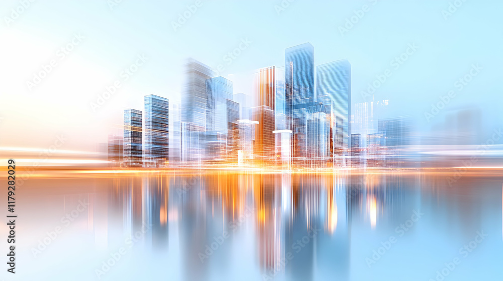 Picture of modern skyscrapers of a smart city, futuristic financial district with buildings and reflections , blue color background for corporate and business template with warm sun rays of light Picture of modern skyscrapers of a smart city, futuristic financial district with buildings and reflections , blue color background for corporate and business template with warm sun rays of light
