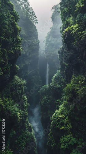 Wild mountain gorge with hanging gardens at twilight