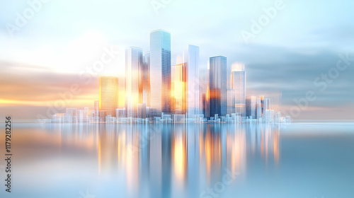 Picture of modern skyscrapers of a smart city, futuristic financial district with buildings and reflections , blue color background for corporate and business template with warm sun rays of light