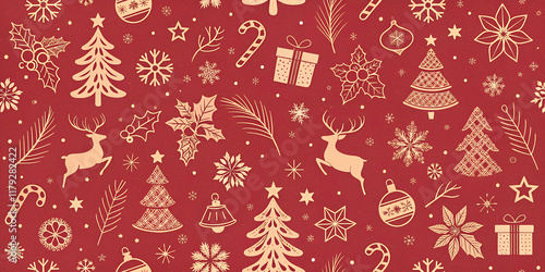 Christmas themed pattern with a vibrant red background and the pattern consists of symbols
