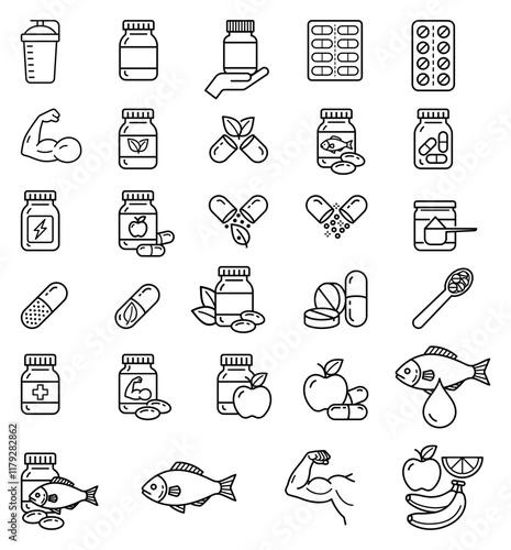 Vitamins and nutritional supplement food line icons vector illustration.