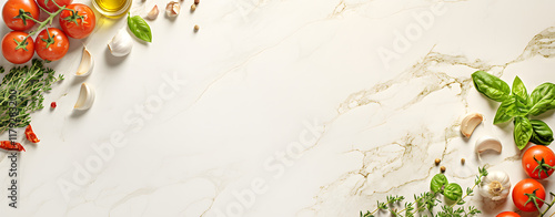 Top view healthy food cooking ingredients background with fresh vegetables, herbs, spices and olive oil on marble table