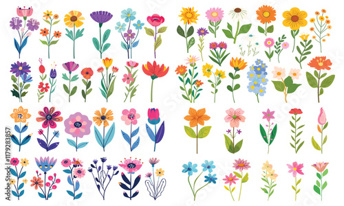 set of colorful flowers vector Flat style cartoon vector illustration isolated on a white background