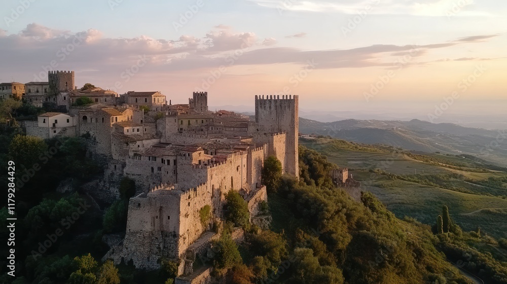 A scenic view of an ancient castle on a hill during sunset. A scenic view of an ancient castle on a hill during sunset.