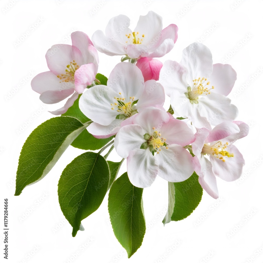Obraz premium Blooming crabapple branch with pink and white flowers and green leaves isolated on a pure white background