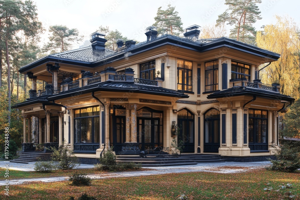 Victorian mansion in a rural setting surrounded by autumn foliage Victorian mansion in a rural setting surrounded by autumn foliage