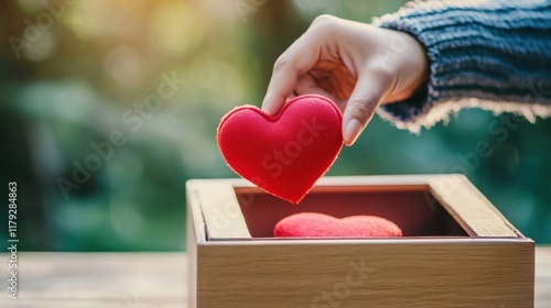 charity, love and valentine's day concept - close up of hand putting red heart into donation box photo