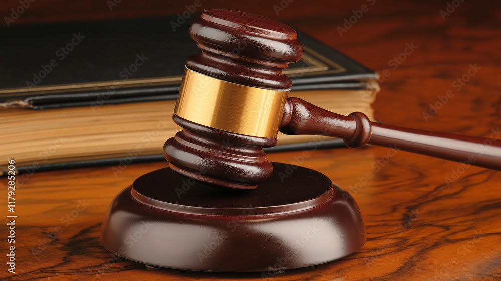 Close-up of a polished gavel on aged wooden surface with legal books Close-up of a polished gavel on aged wooden surface with legal books