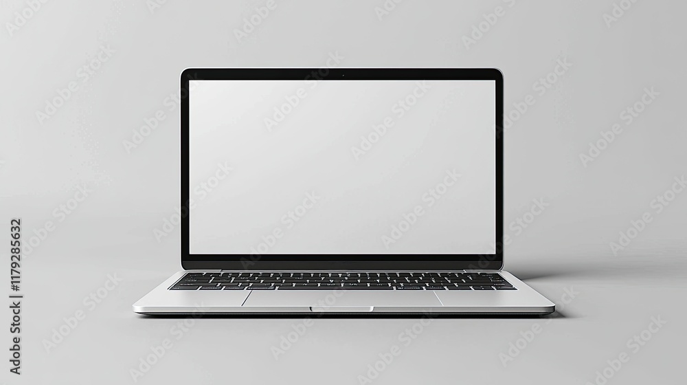 Silver laptop blank screen, minimalist studio background, website mockup, digital marketing. Silver laptop blank screen, minimalist studio background, website mockup, digital marketing.