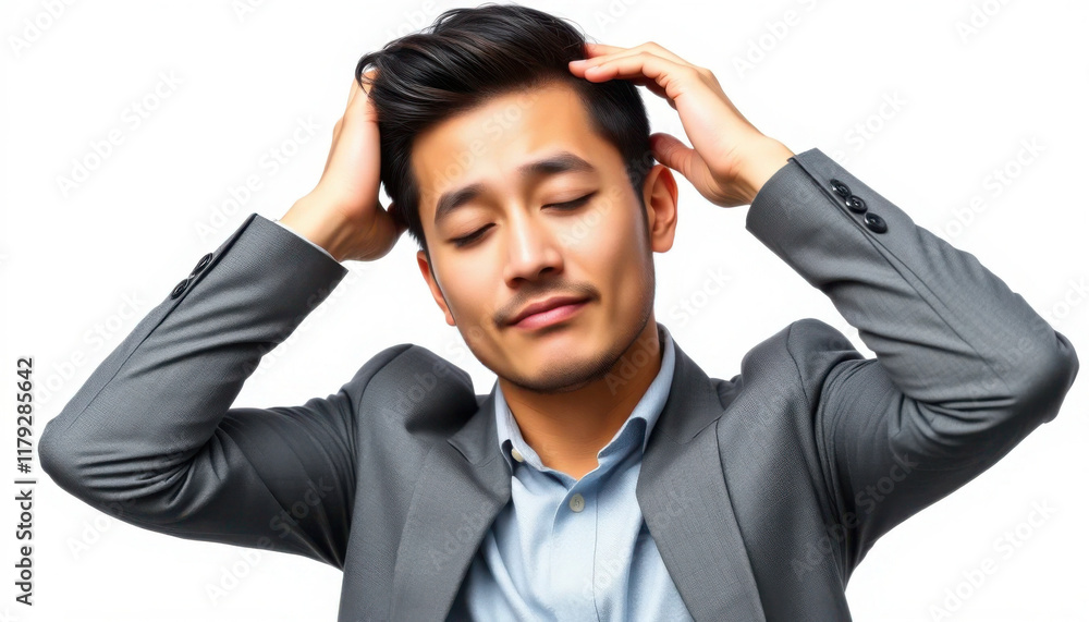 Relaxed man in a suit gently rubbing his head with a content expression Relaxed man in a suit gently rubbing his head with a content expression