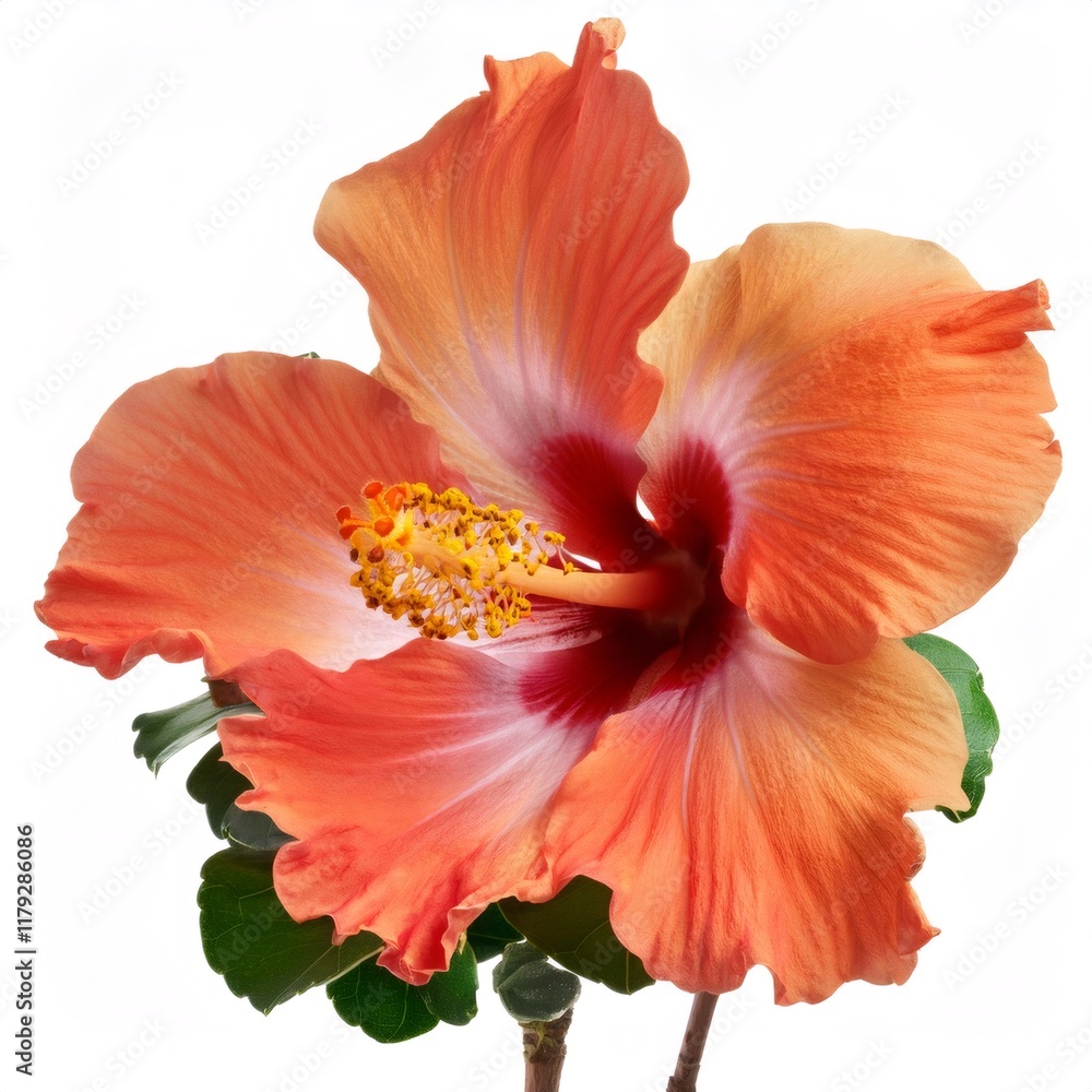 Fototapeta premium Close up of an orange hibiscus flower with prominent pistil and stamens, isolated on white