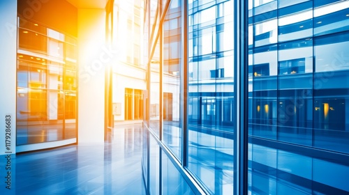 Modern office interior with glass walls reflecting light, creating a bright atmosphere.