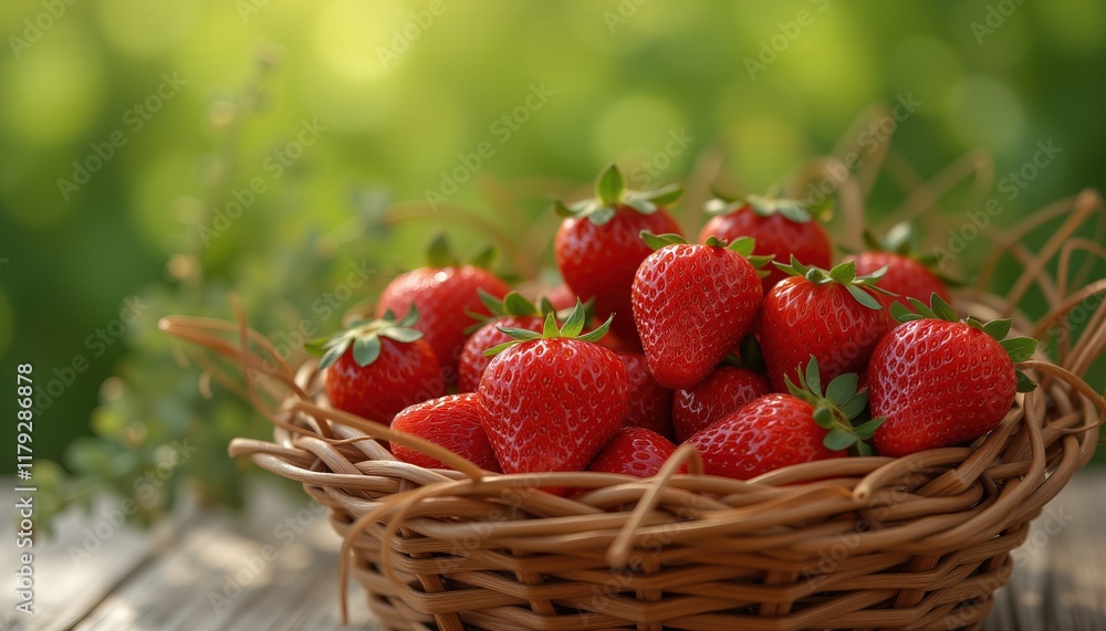 Fresh strawberries in a wicker basket on sunny day. Fresh strawberries in a wicker basket on sunny day.