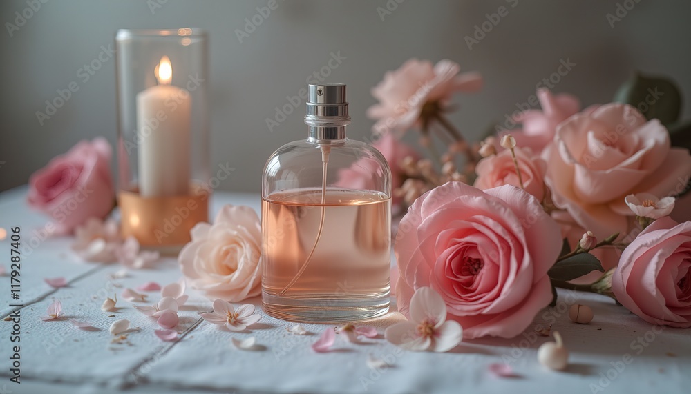 Perfume bottle with pink roses and candles on wooden table. Perfume bottle with pink roses and candles on wooden table.
