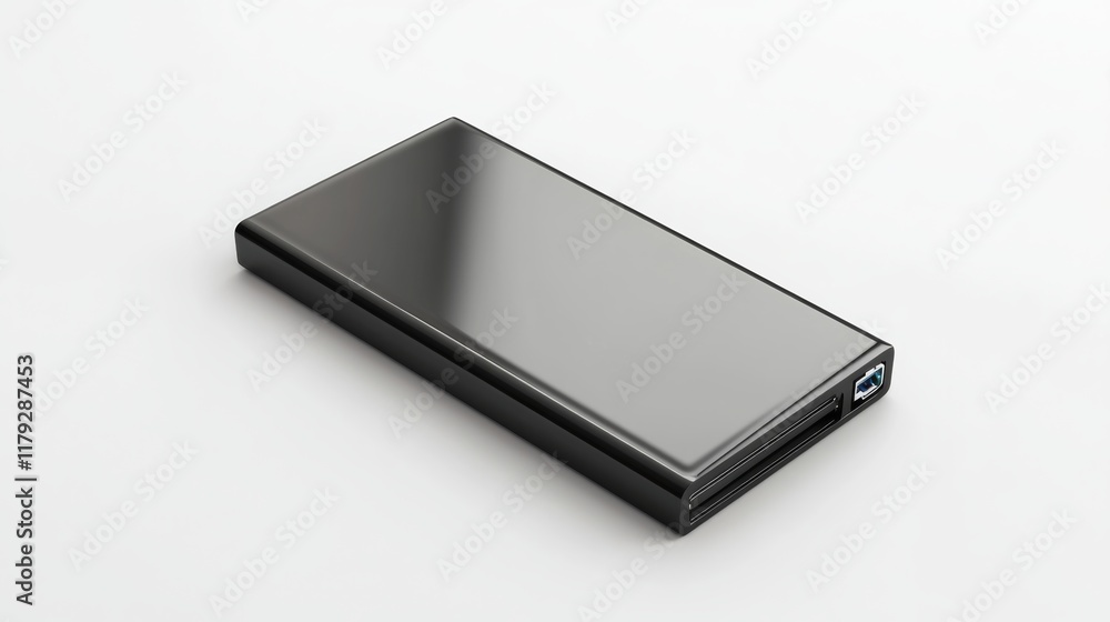 Portable external hard drive with a slim profile, isolated on a clean white background Portable external hard drive with a slim profile, isolated on a clean white background